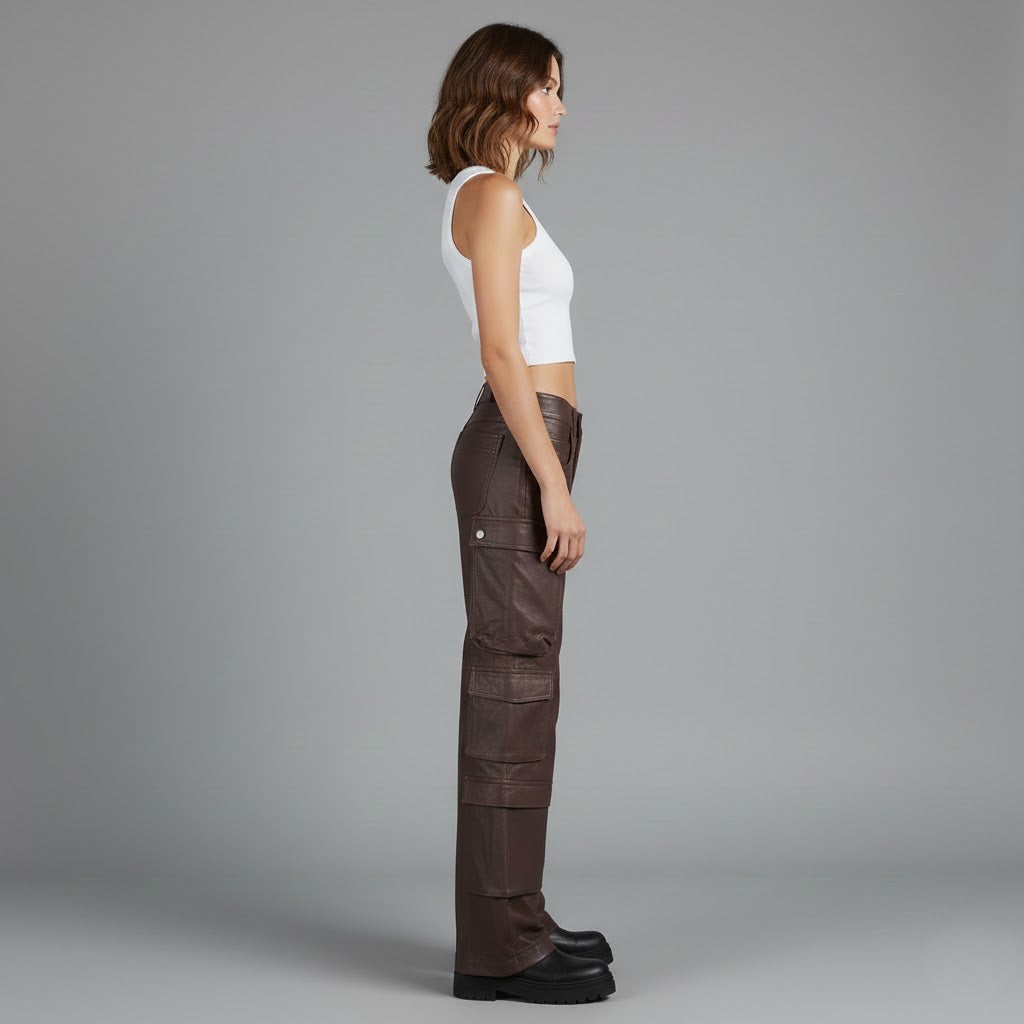 Damen Cargohose aus braunem Leder – Weite Utility-Hose aus Echtleder