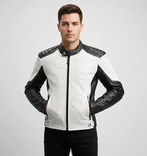 Load image into Gallery viewer, Men’s Two-Tone Cafe Racer Leather Jacket – Black &amp; White Moto Style
