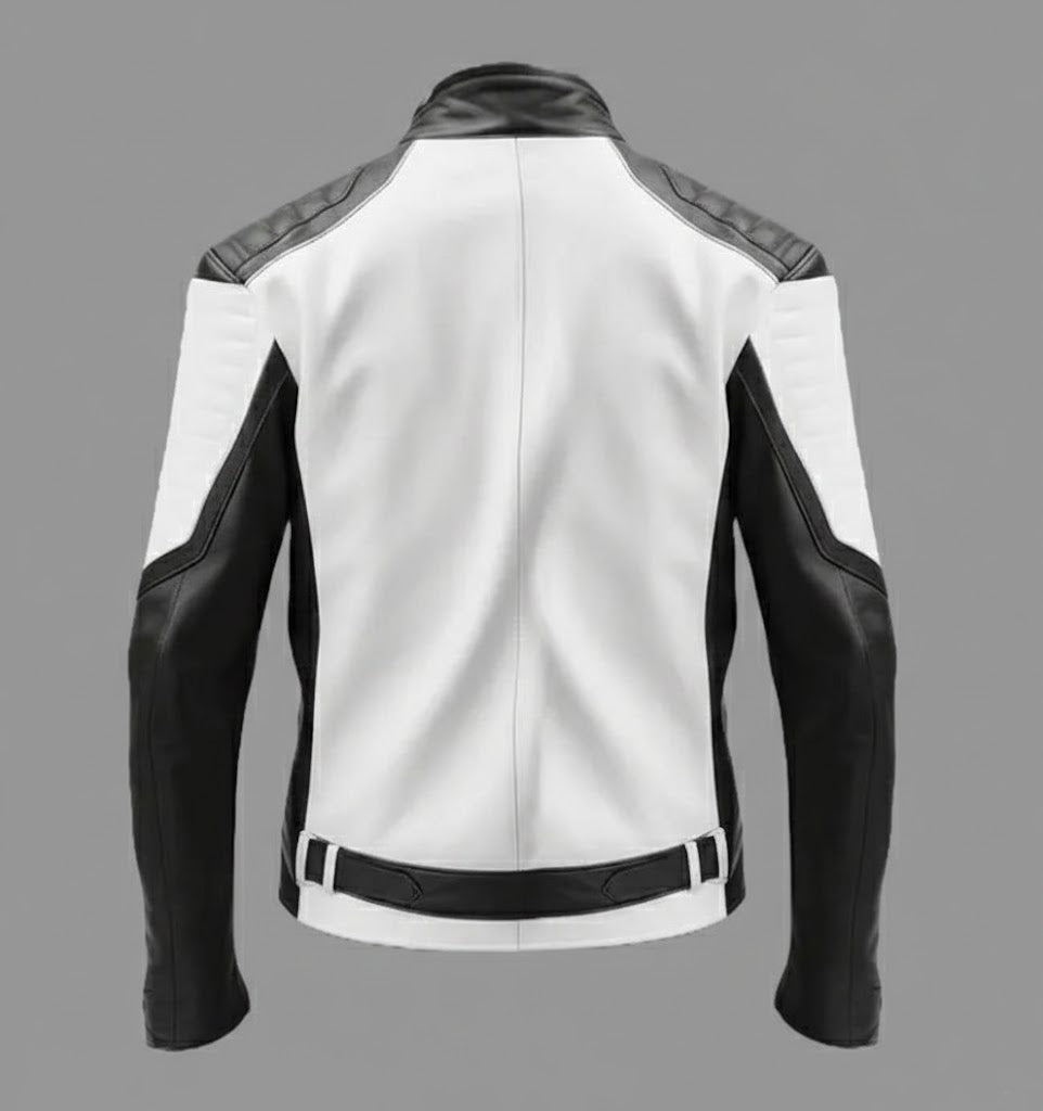 Herren zweifarbige Cafe Racer Lederjacke – Schwarz-weißer Moto-Stil