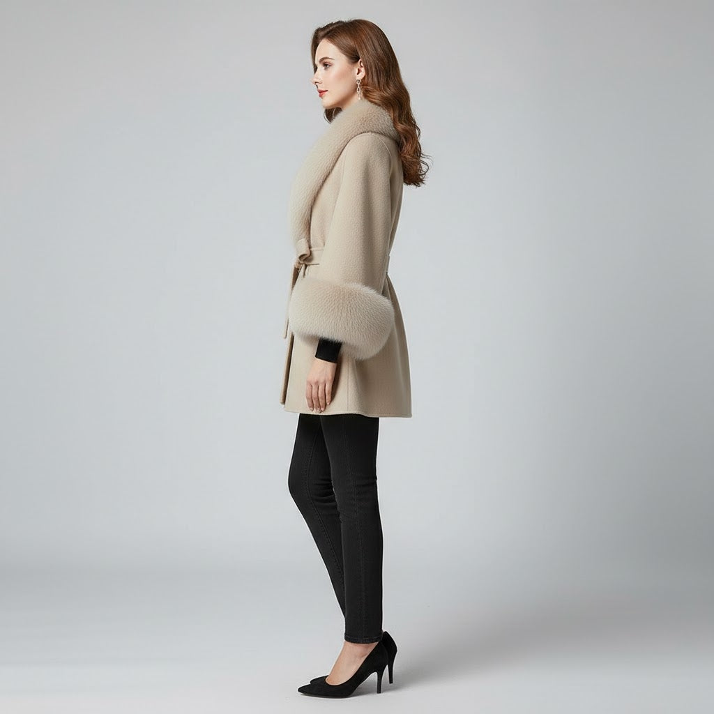 Luxury Beige Cashmere Fur Trim Poncho Cape