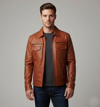 Laden Sie das Bild in den Galerie-Viewer, Klassische Slim-Fit-Leder-Truckerjacke für Herren

