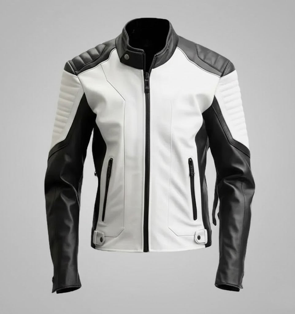Herren zweifarbige Cafe Racer Lederjacke – Schwarz-weißer Moto-Stil