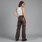 Damen Cargohose aus braunem Leder – Weite Utility-Hose aus Echtleder