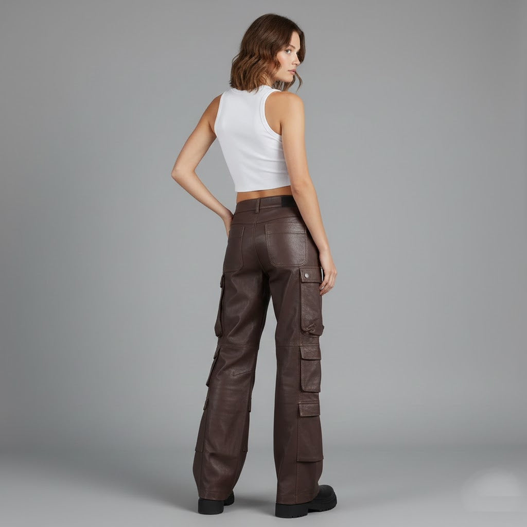 Damen Cargohose aus braunem Leder – Weite Utility-Hose aus Echtleder