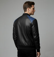 Load image into Gallery viewer, Men’s Black &amp; Royal Blue Leather Bomber Jacket – Two-Tone Varsity Style
