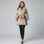 Luxury Beige Cashmere Fur Trim Poncho Cape