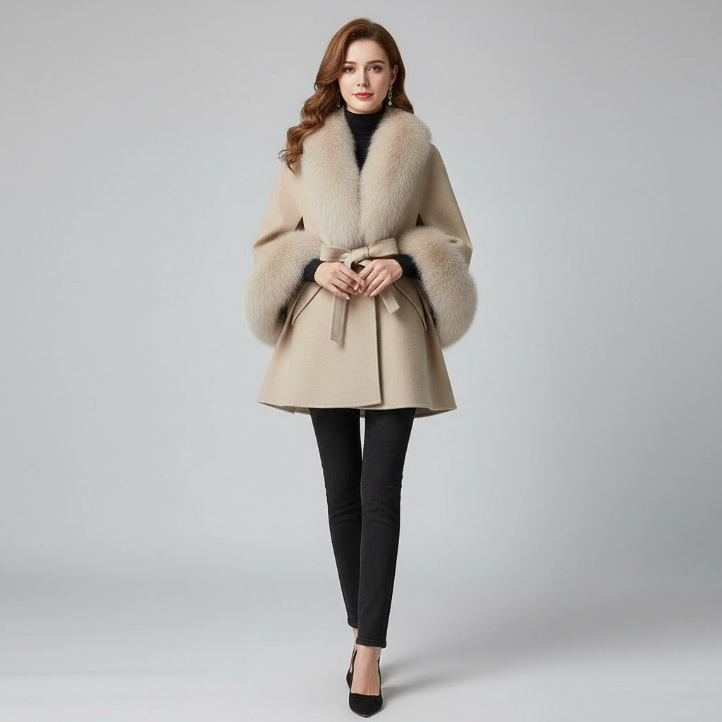 Luxury Beige Cashmere Fur Trim Poncho Cape