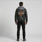Men’s Black Hooded Cowhide Leather Biker Jacket – Harley-Style Moto