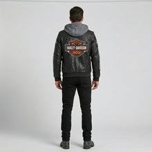 Load image into Gallery viewer, Men’s Black Hooded Cowhide Leather Biker Jacket – Harley-Style Moto
