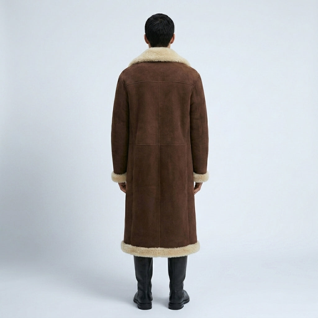Kolby Brown Suede Shearling Long Coat – Premium Winter Overcoat