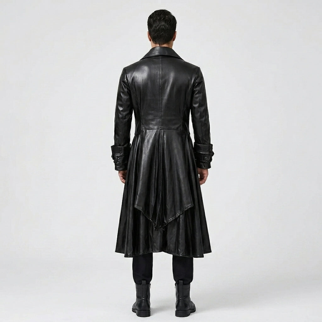 Herren schwarzer Steampunk Gothic Ledersmoking – Viktorianischer langer Mantel
