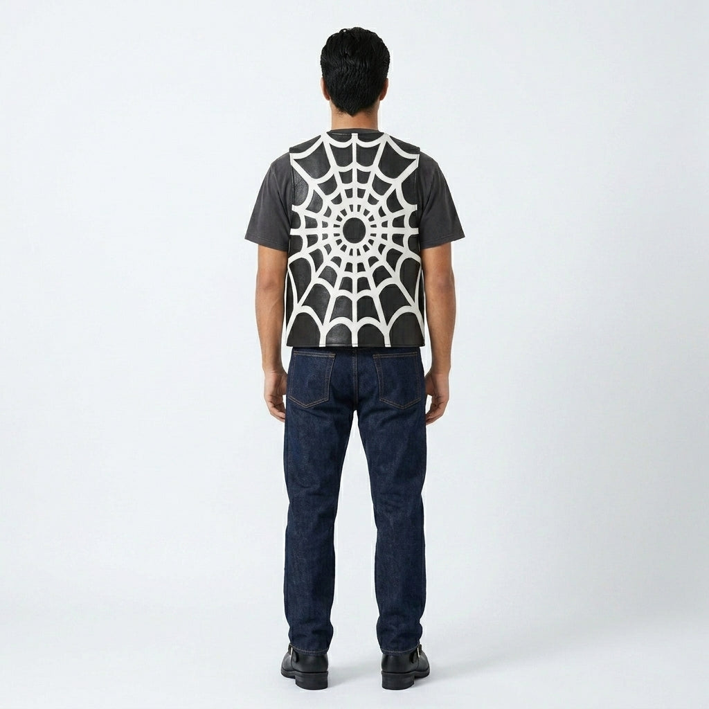 Black Spider Web Leather Vest – Streetwear Biker Edition