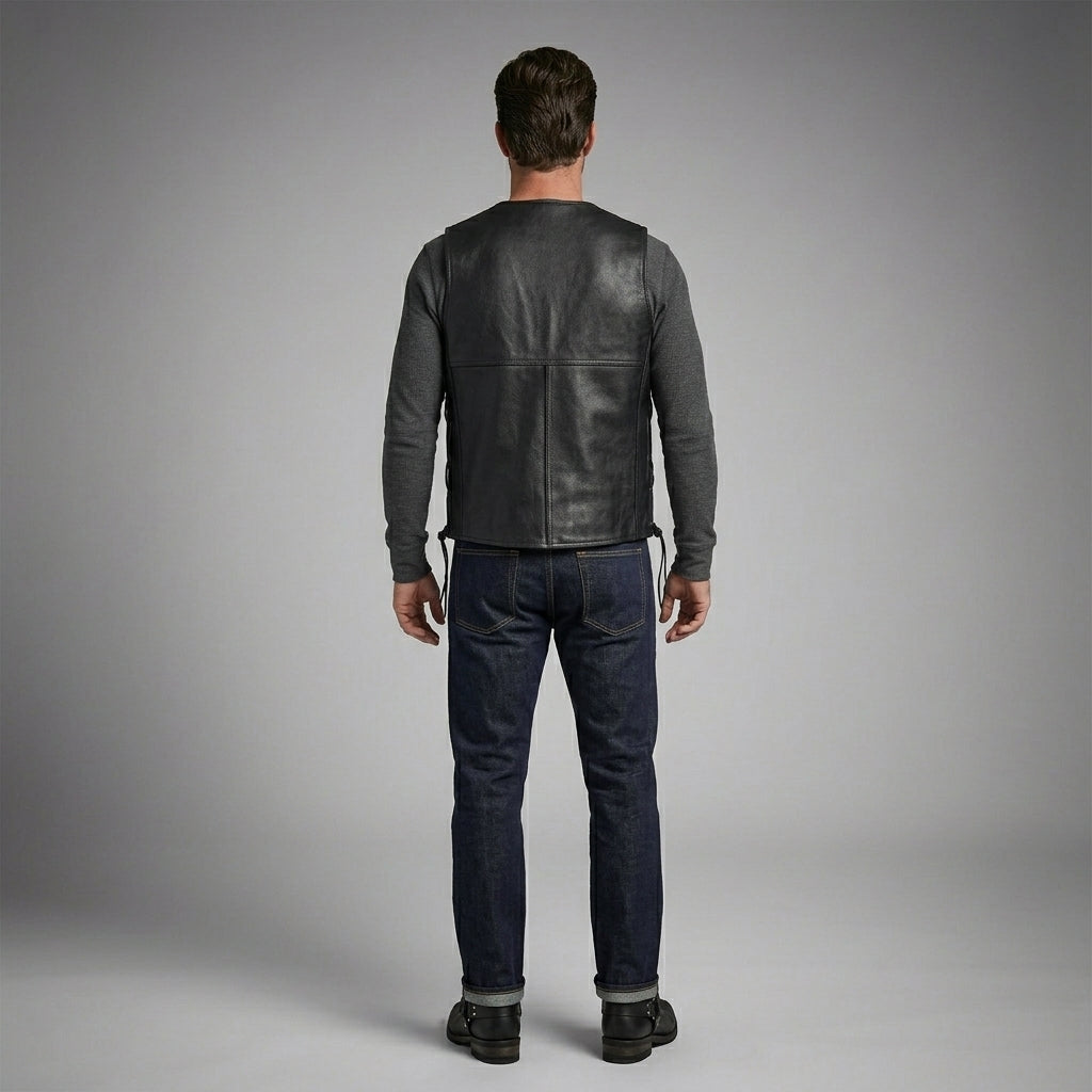 Classic Black Leather Motorcycle Vest – Snap Button & Side Lace Fit