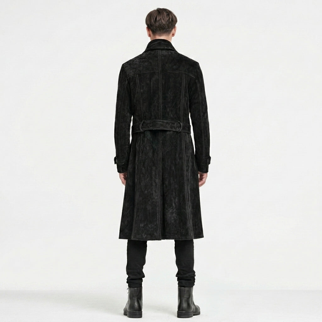 Men’s Black Suede Double-Breasted Trench Coat – Classic Long Overcoat