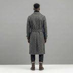 Men’s Manteco Herringbone Double Breasted Long Coat – Dark Gray Classic Fit