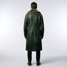 Load image into Gallery viewer, Men’s Dark Green Shearling Leather Jacket – Premium Winter Aviator Style
