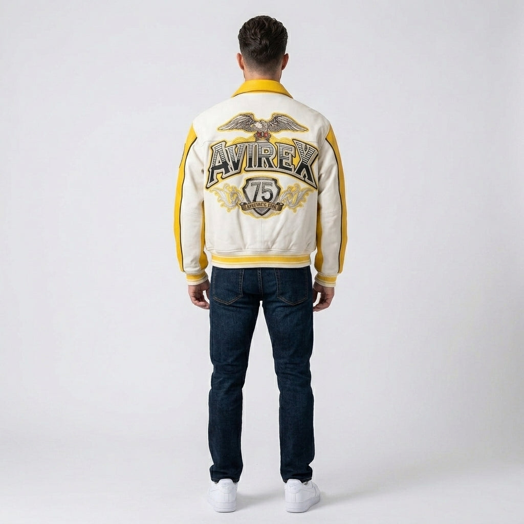 Aviators King Varsity Lederjacke – Gelb & Weiß Edition