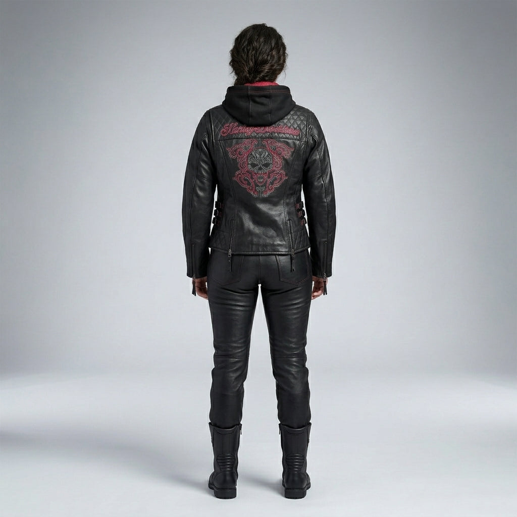 Motorradjacke aus Leder für Damen mit gerollten Totenköpfen – Harley Style Edition