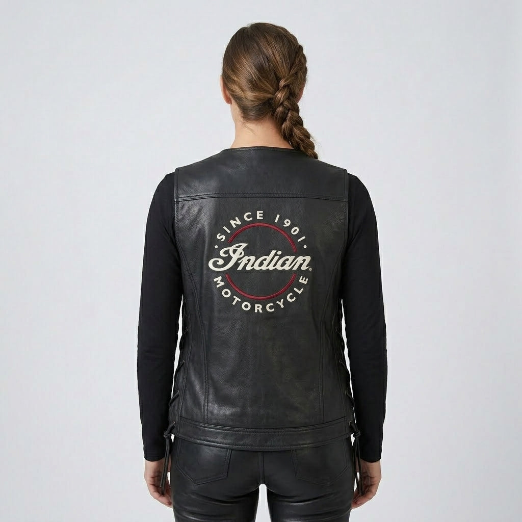Women’s Black Buffalo Leather Western Motorcycle Vest – Adjustable Side Lace Fit