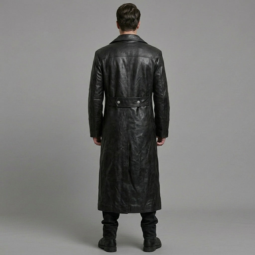 Men’s German Officer Style Black Leather Trench Coat – Military Inspired Long Coat