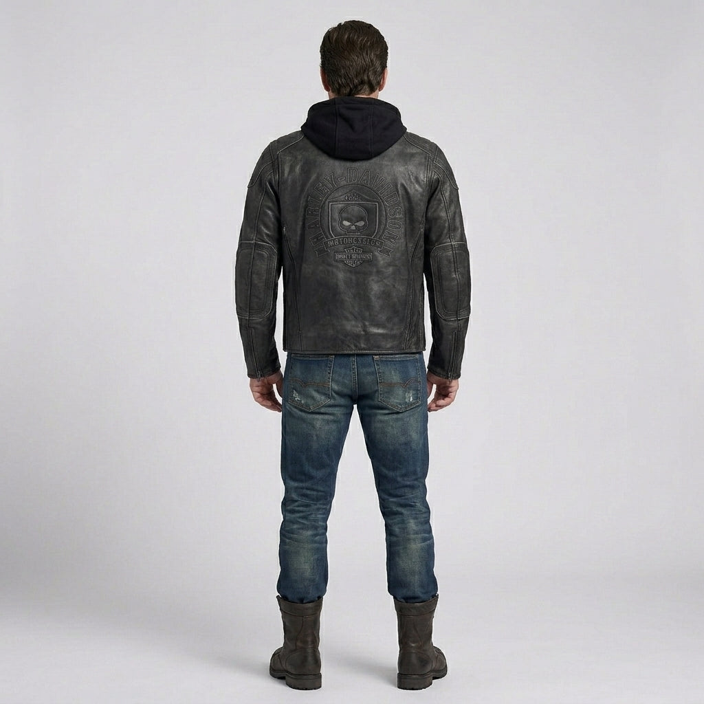 Herren schwarze Kapuzen-Leder-Bikerjacke – Urbaner Motorrad-Stil