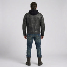 Load image into Gallery viewer, Men’s Black Hooded Leather Biker Jacket – Urban Moto Style
