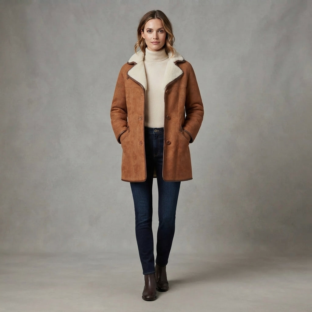 Buy Women's Brown & White Sheepskin Coat