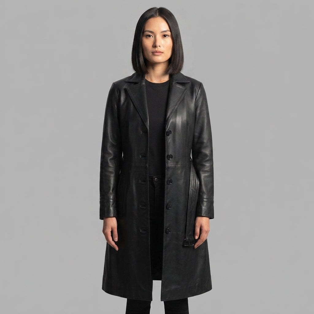 Women's  Faux Black Leather Trench Coat