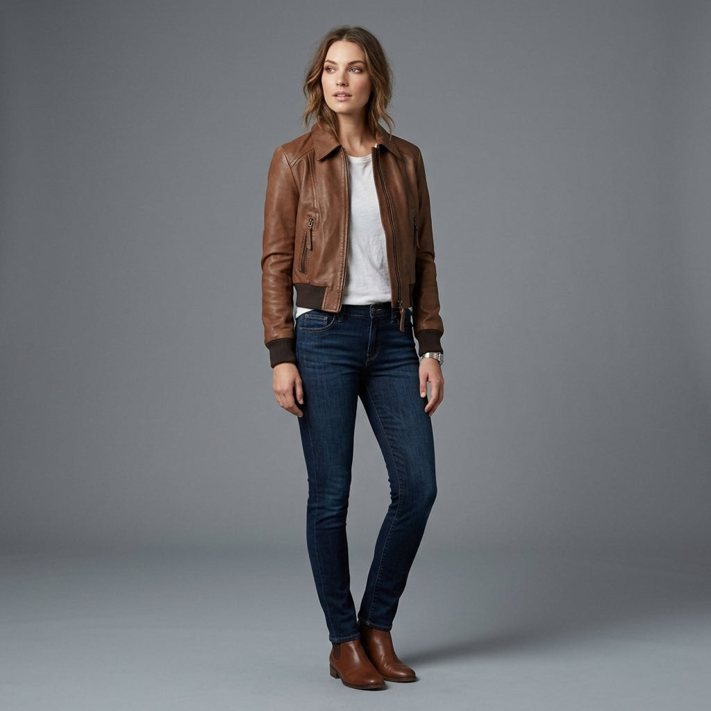 Women's Brown Leather Aviator Jacket