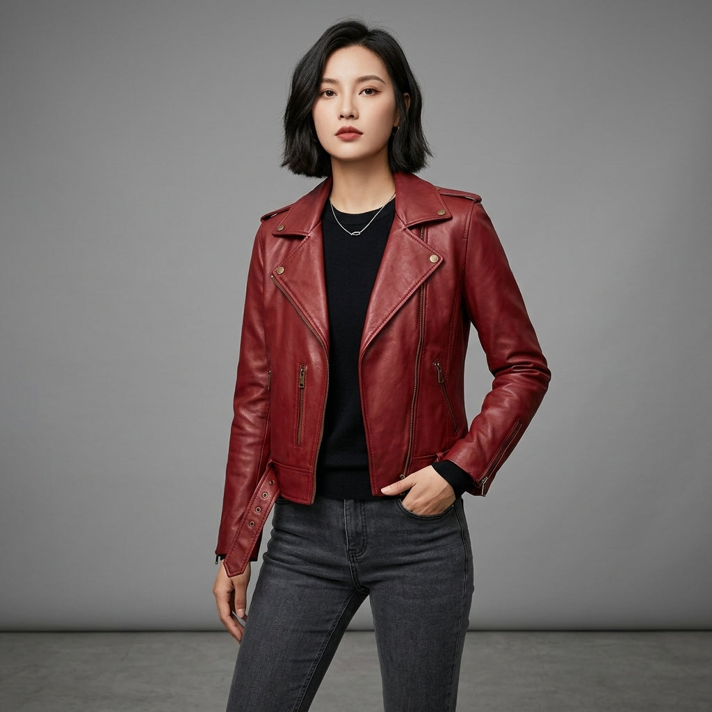 Women's cropped burgundy leather moto jacket front with epaulettes and angled zip