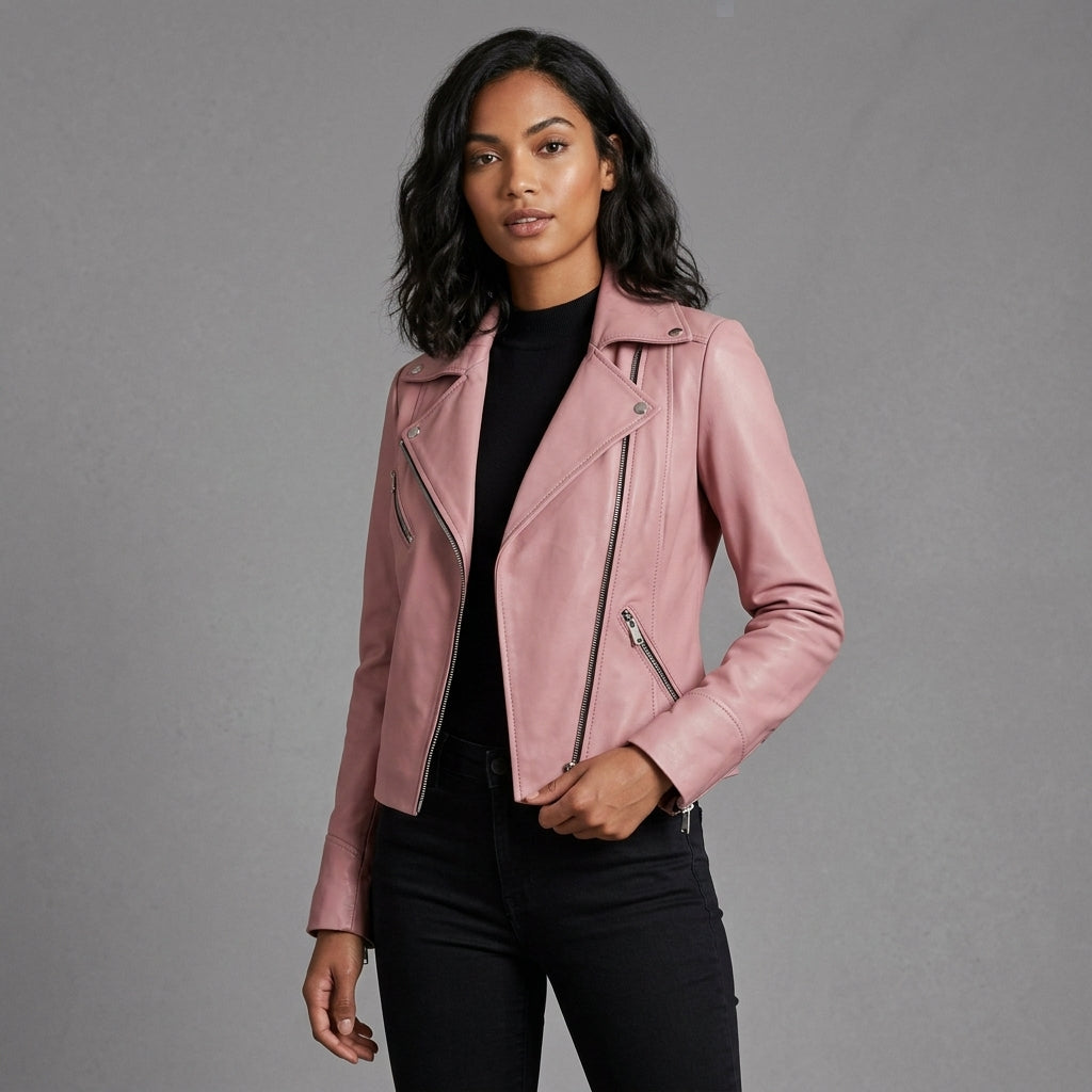 Women's dusty rose leather biker jacket front with wide open lapels