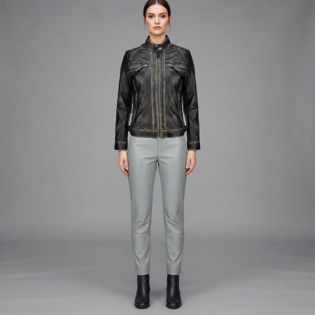 Buy Women's Black Rub-off Cafe Racer Leather Jacket