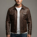 Men's Brown Washed Off Trucker Leather Jacket