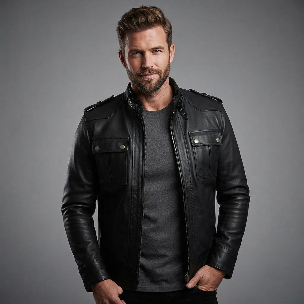 Men's Black Bomber Leather Field Jacket - Leather Outlet