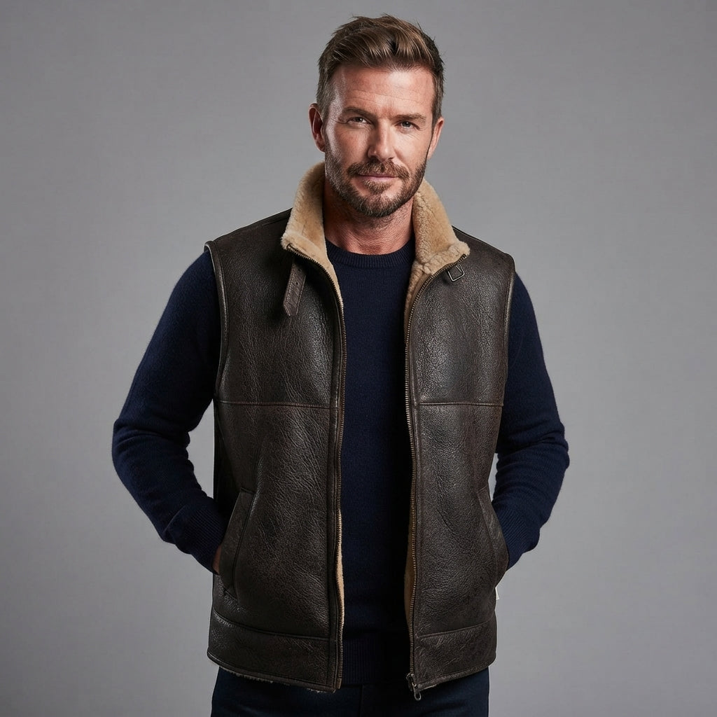 Men's Beige Brown Shearling Leather Vest - Leather Outlet