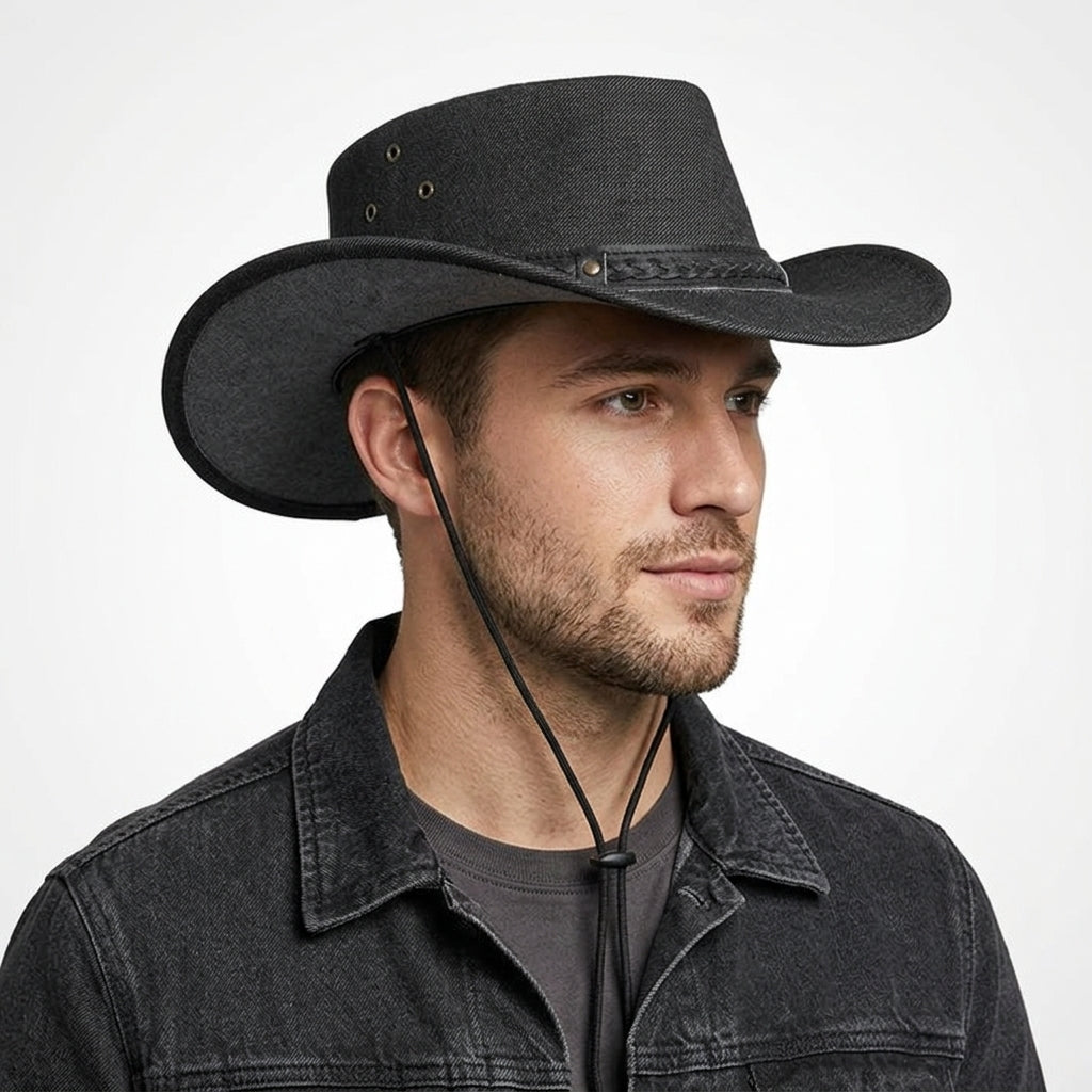 Men's Black Leather Top Hat with Buffalo Nickel Band - Leather Outlet