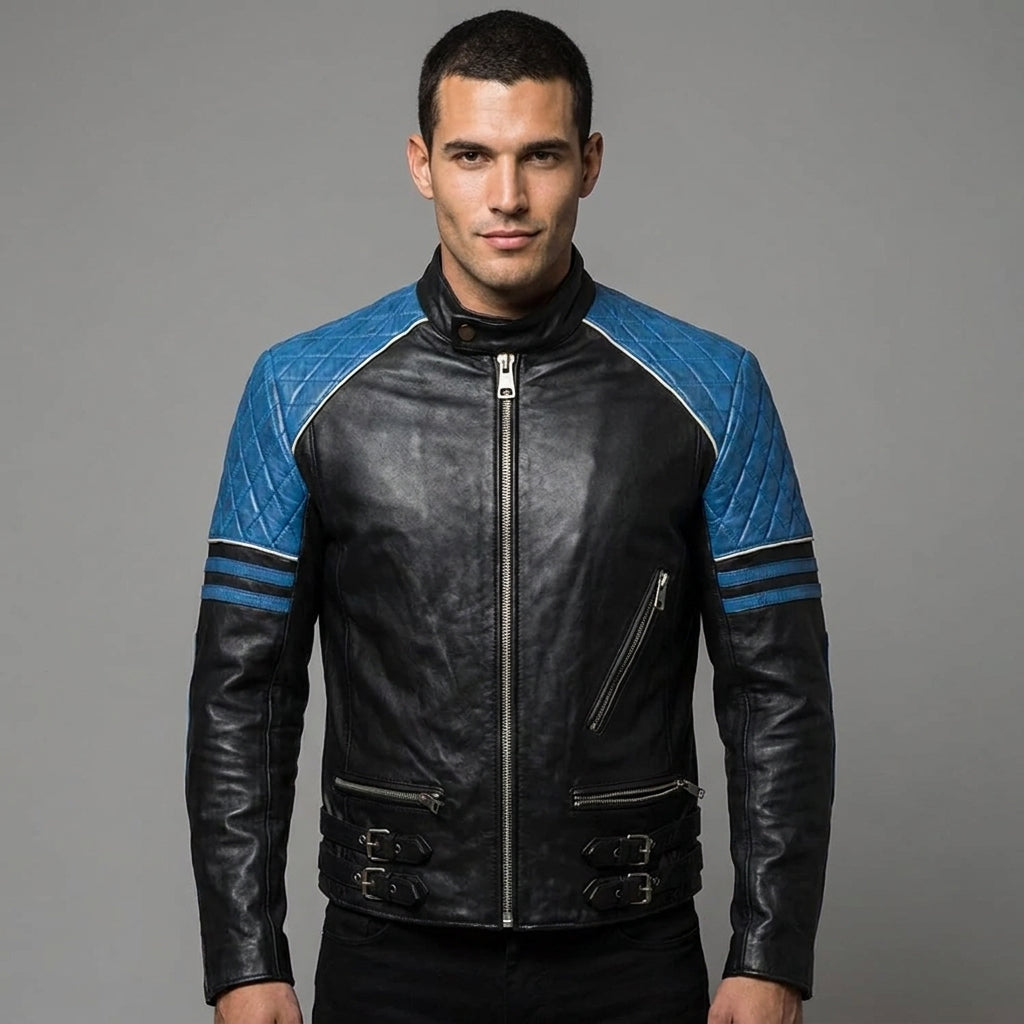 Handmade Men's Black With Blue Shoulder Genuine Leather Jacket