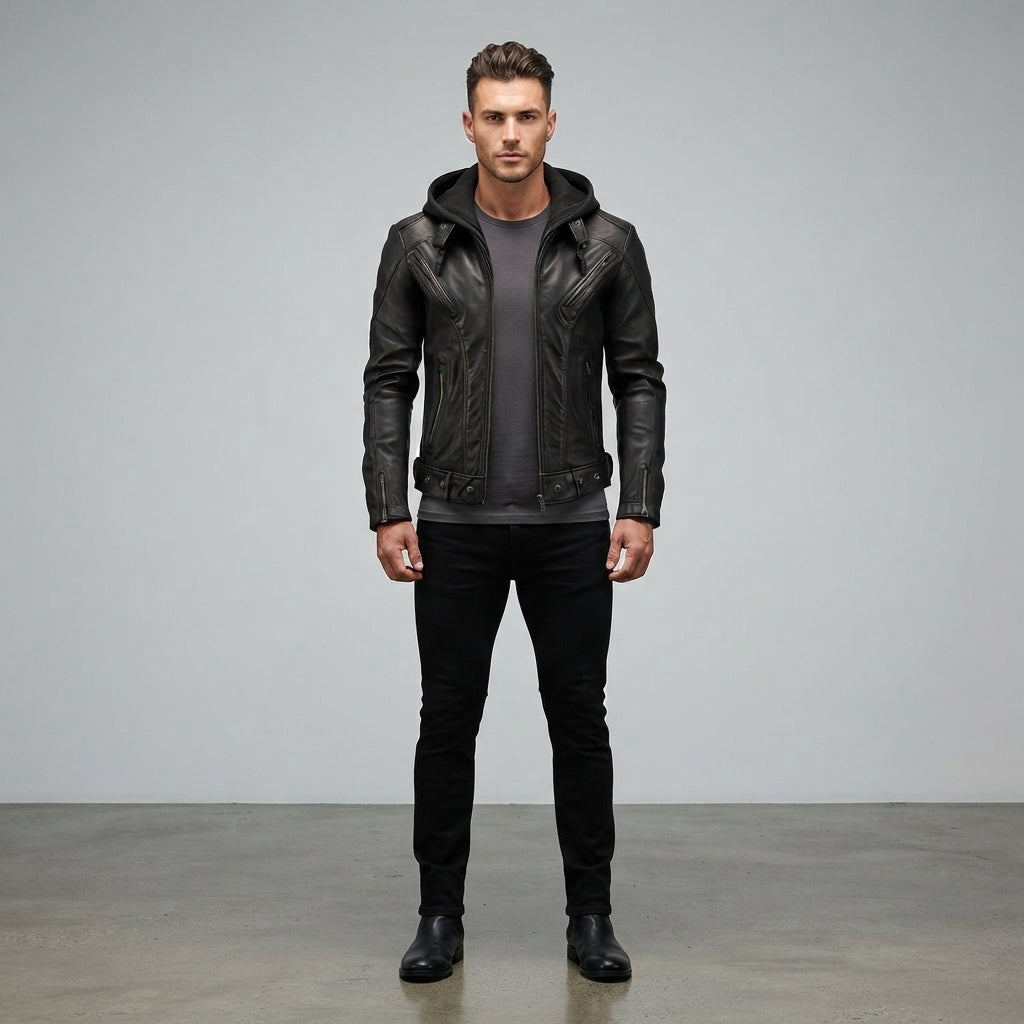 Men's Brown Leather Hooded Jacket