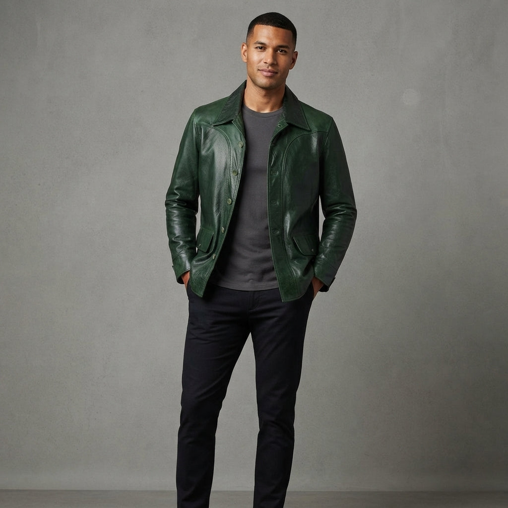 Vintage Green Biker Leather Jacket For Men
