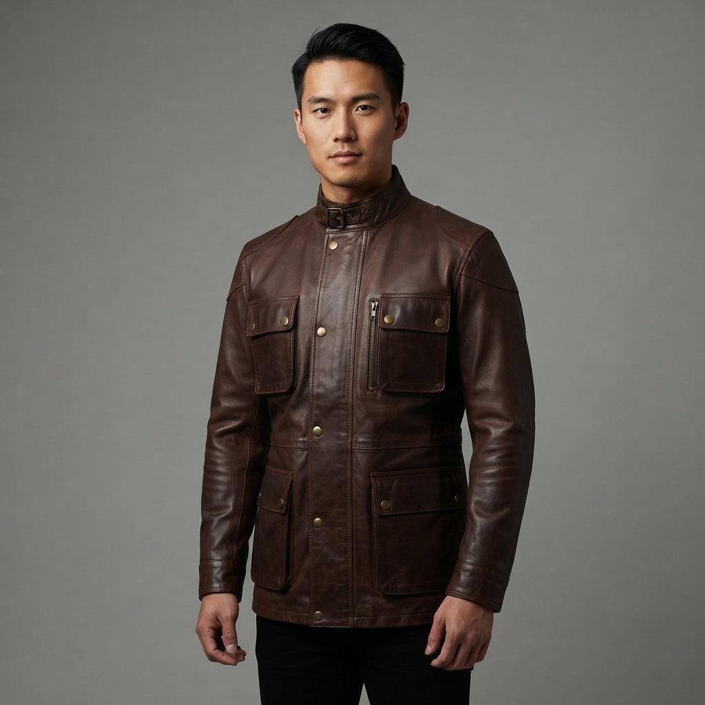 Men's Rugged Brown Leather Field Jacket