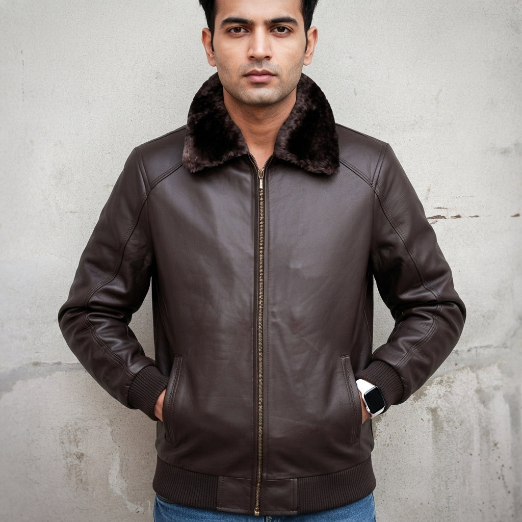 Men's Brown Leather Fur Jacket