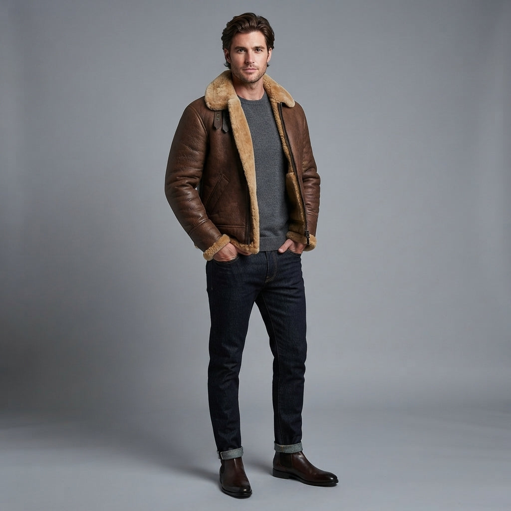 Men B3 Brown Shearling Leather Jacket