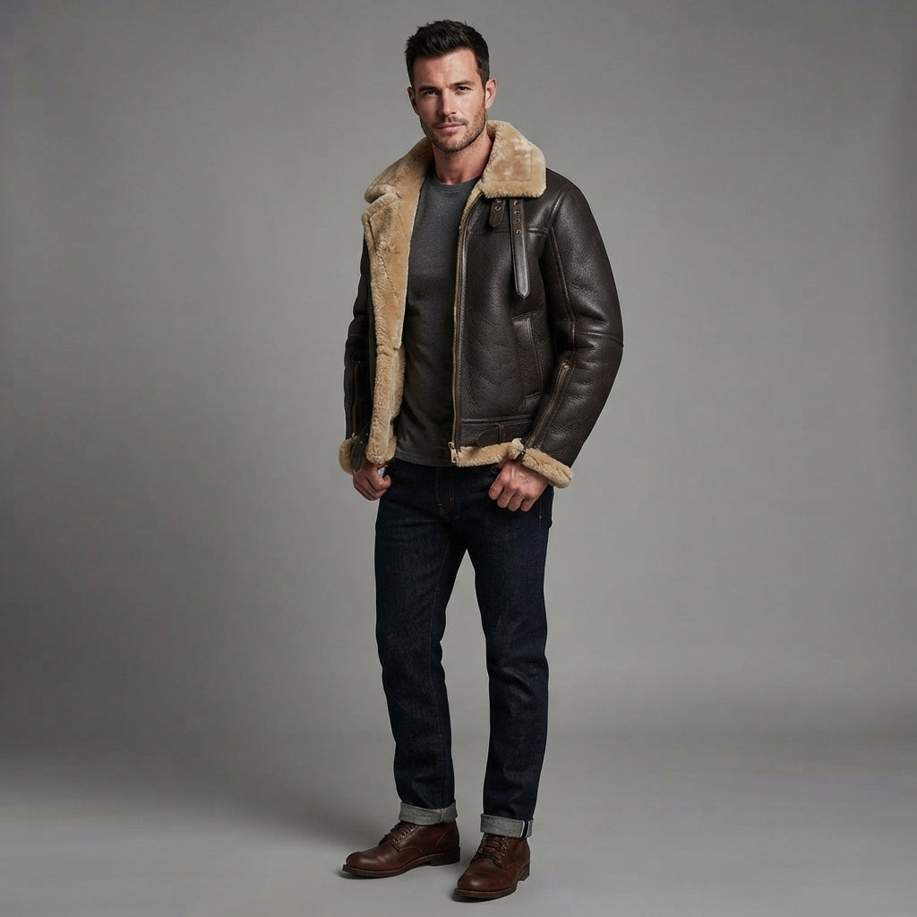 Men's FUR Aviator Flying Pilot Bomber Brown Jacket