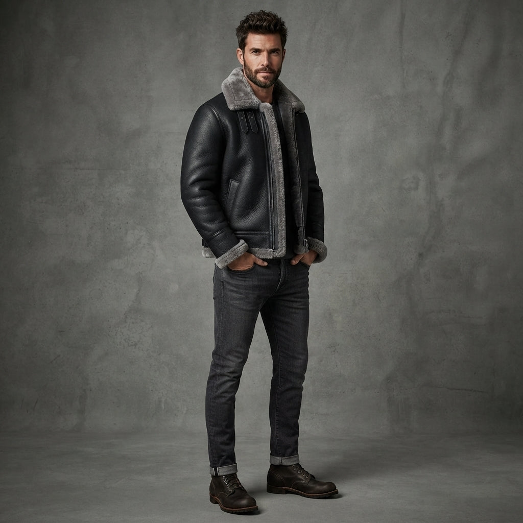 Black Shearling Leather Jacket For Men