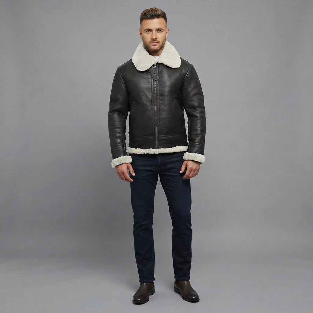 Men's Black Aviator Shearling Leather Jacket