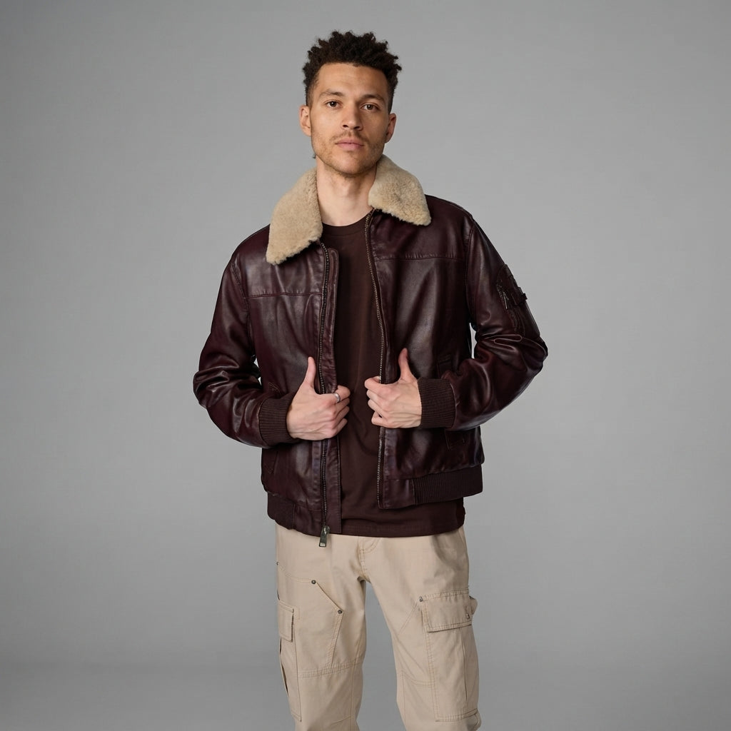 Men Aviator Leather Bomber Jacket with Fur