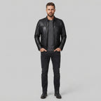 Basic Black Moto Cafe Racer Biker Leather Jacket for Men