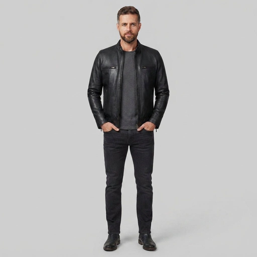 Basic Black Moto Cafe Racer Biker Leather Jacket for Men