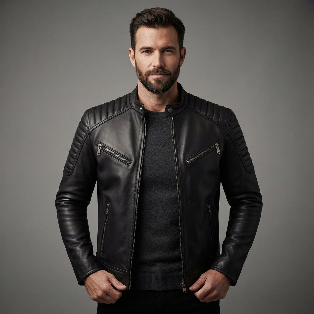 Men's Harvey Black Cafe Racer Leather Jacket