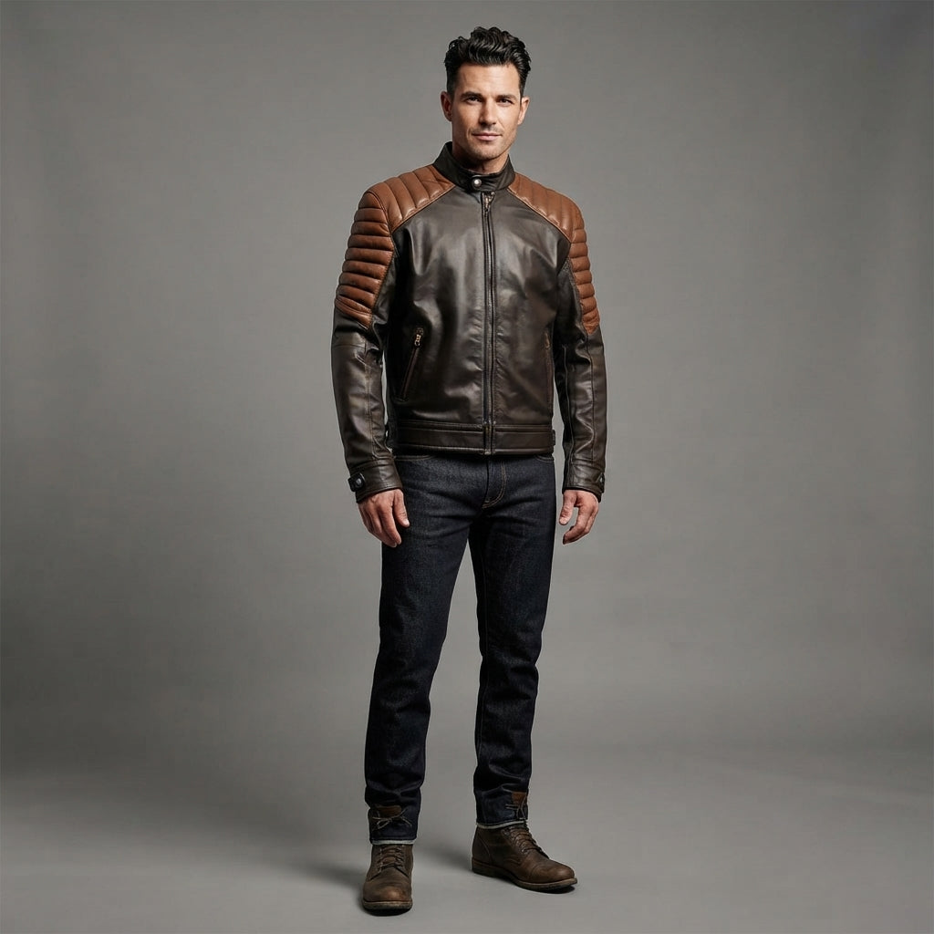 Men's Brown Black Cafe Racer Leather Jacket